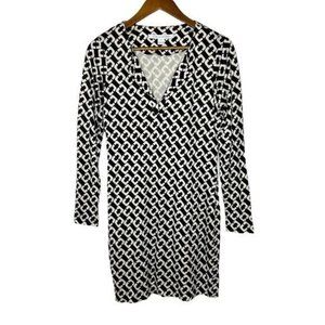 Diane Von Furstenberg DVF Black White Long Sleeve 100% Silk Dress Size 8 Women’s